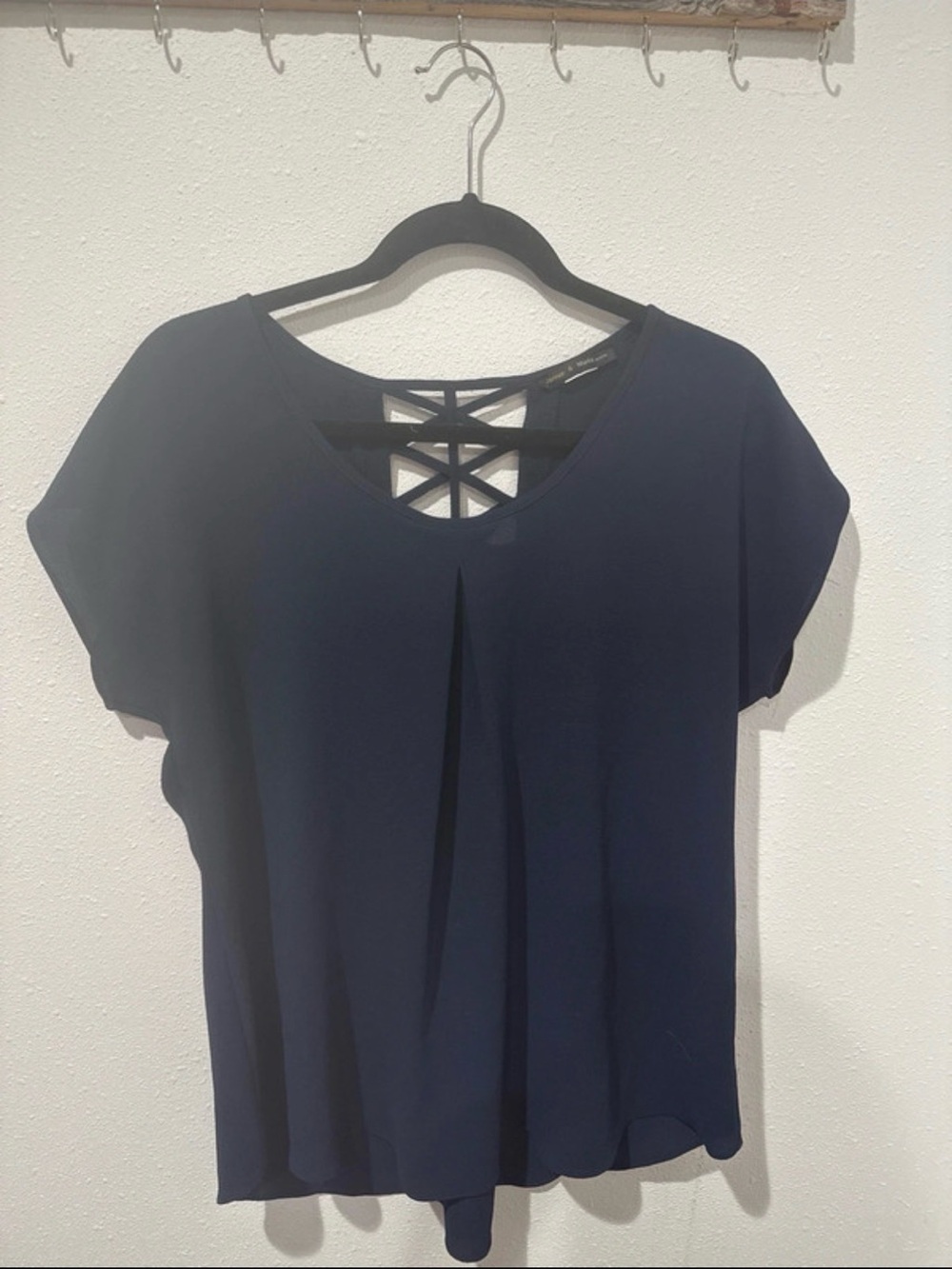 Womens Navy Short Sleeve Blouse with Lattice Back Detail